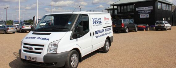 Newark Marina Volvo Penta service van in front of the Marina main office building